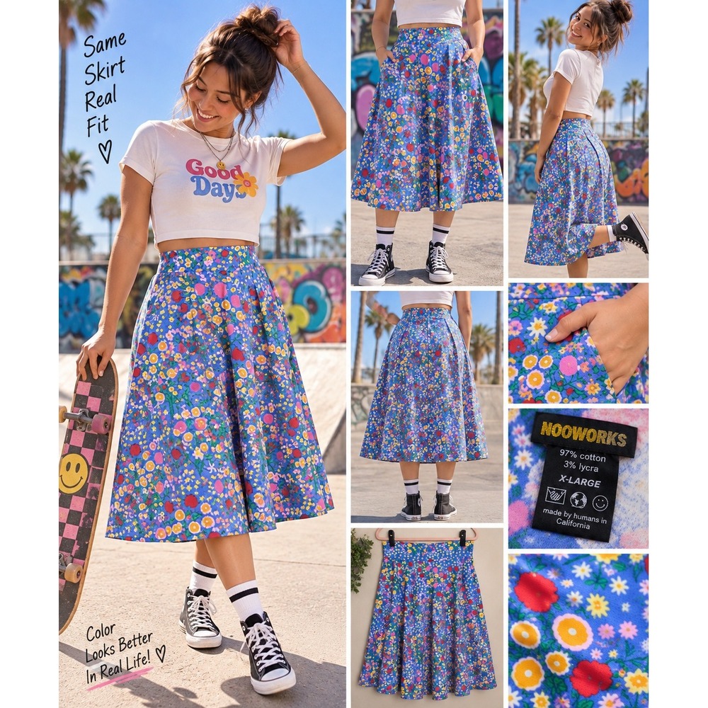 Nooworks Blue Floral Midi Skirt XL NWT Cotton Lycra Made in California